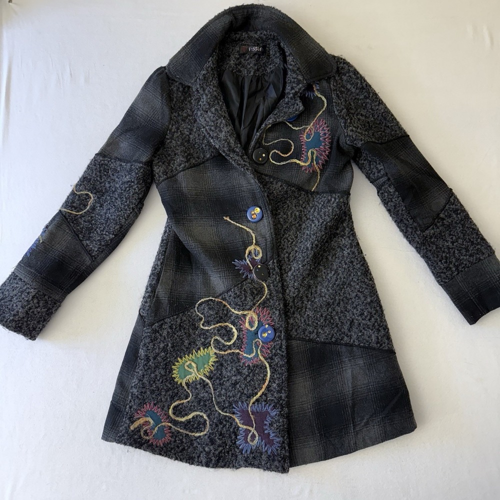 Kessley Womens Patchwork Wool Blend‎ Coat Grey Plaid Boucle Embroidered Small